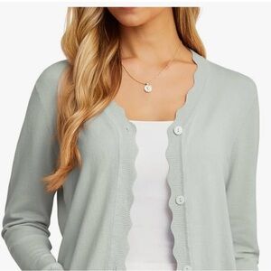 GRECERELLE Scallop Edge Cardigan Sweater XL Sage Green Gray Lightweight EUC